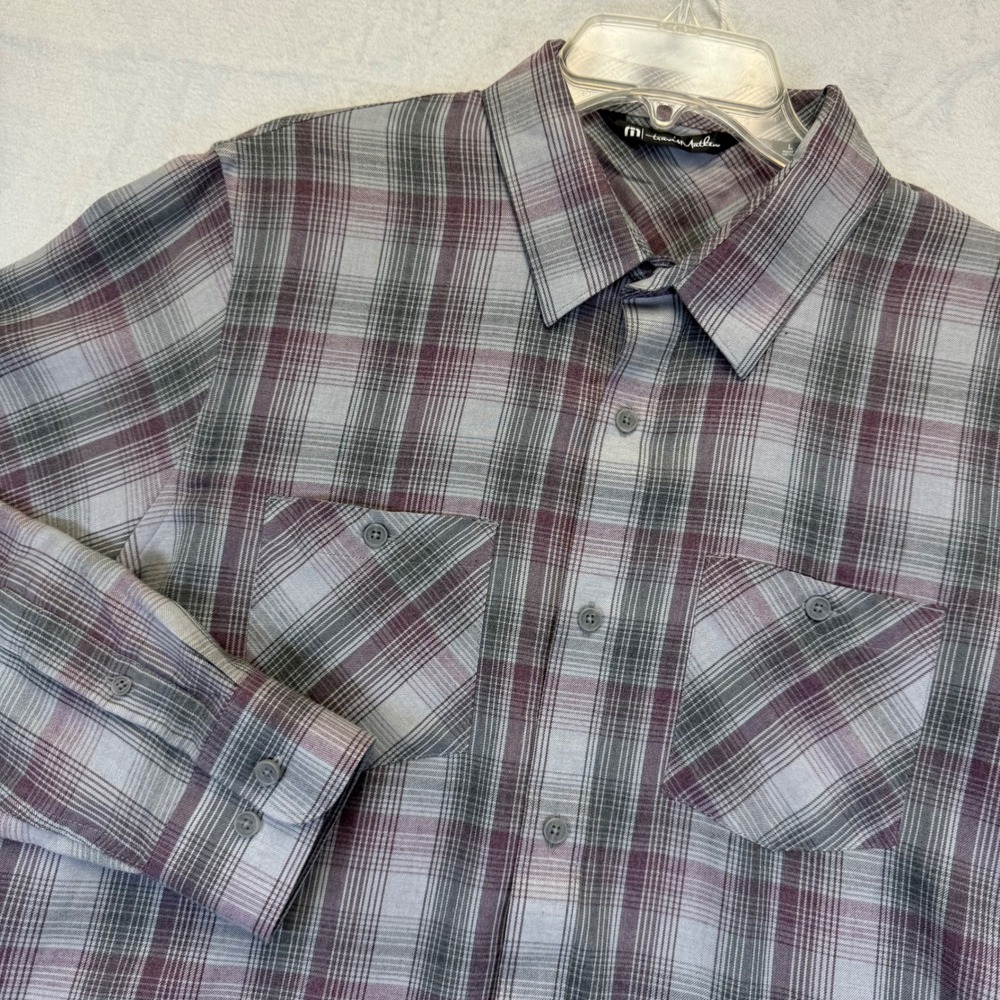 TravisMathew Large Plaid Button Down Shirt Gray Burgundy Long Sleeve Pockets